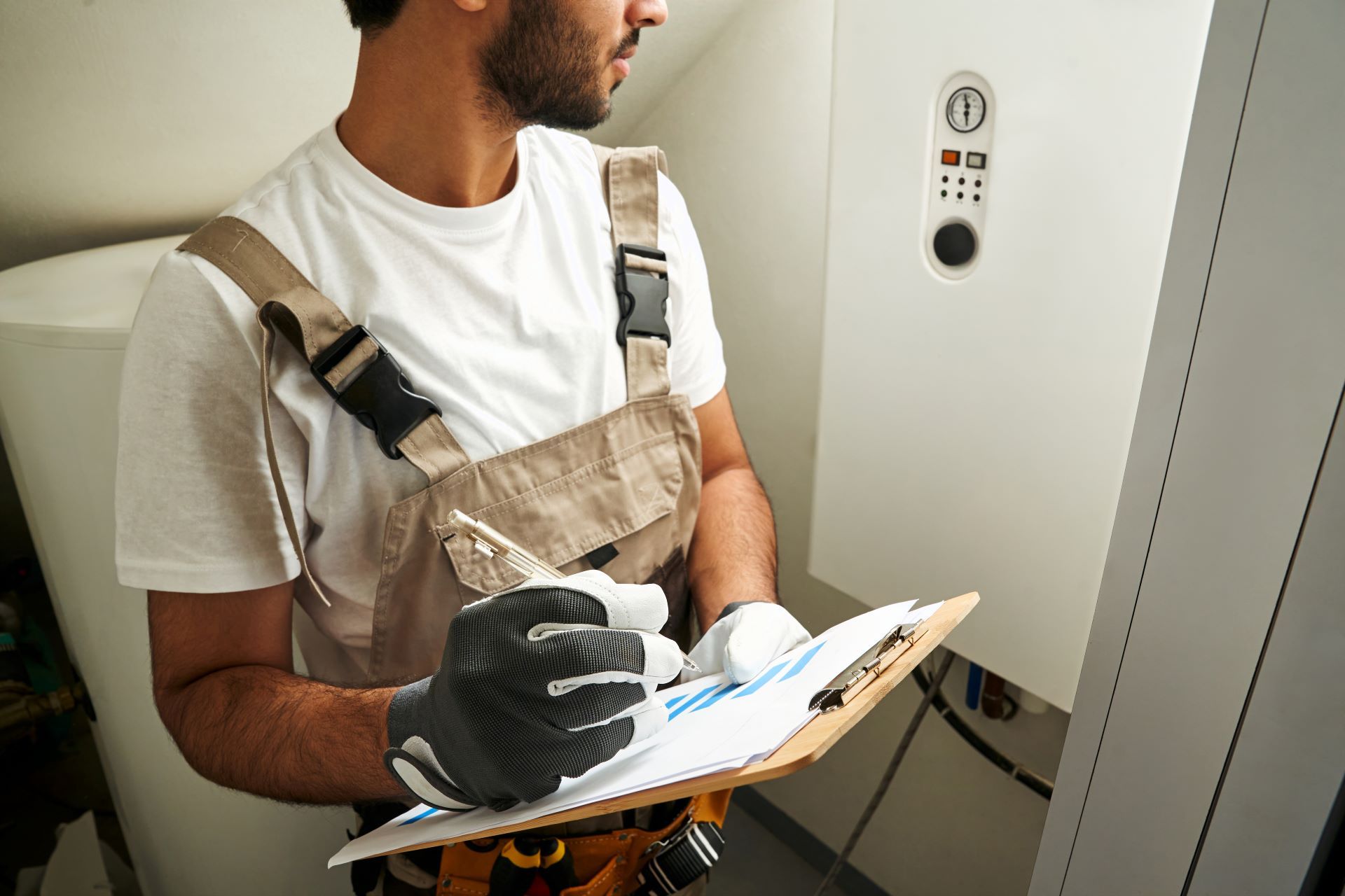 A man is writing on a clipboard in front of a heater.