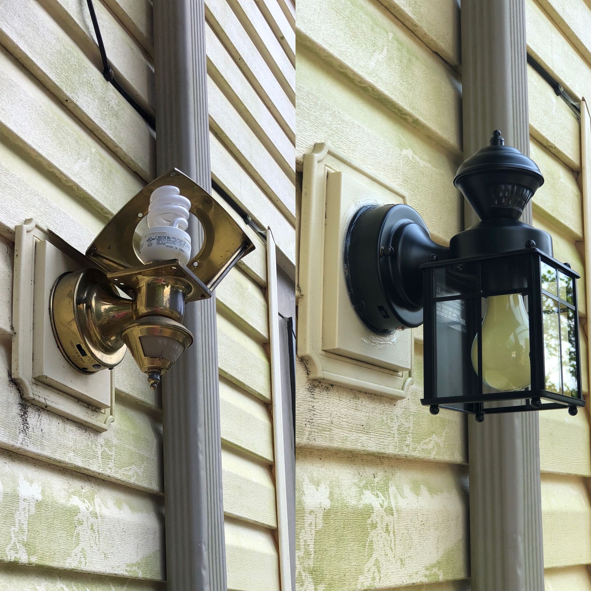 A before and after picture of a light on the side of a house