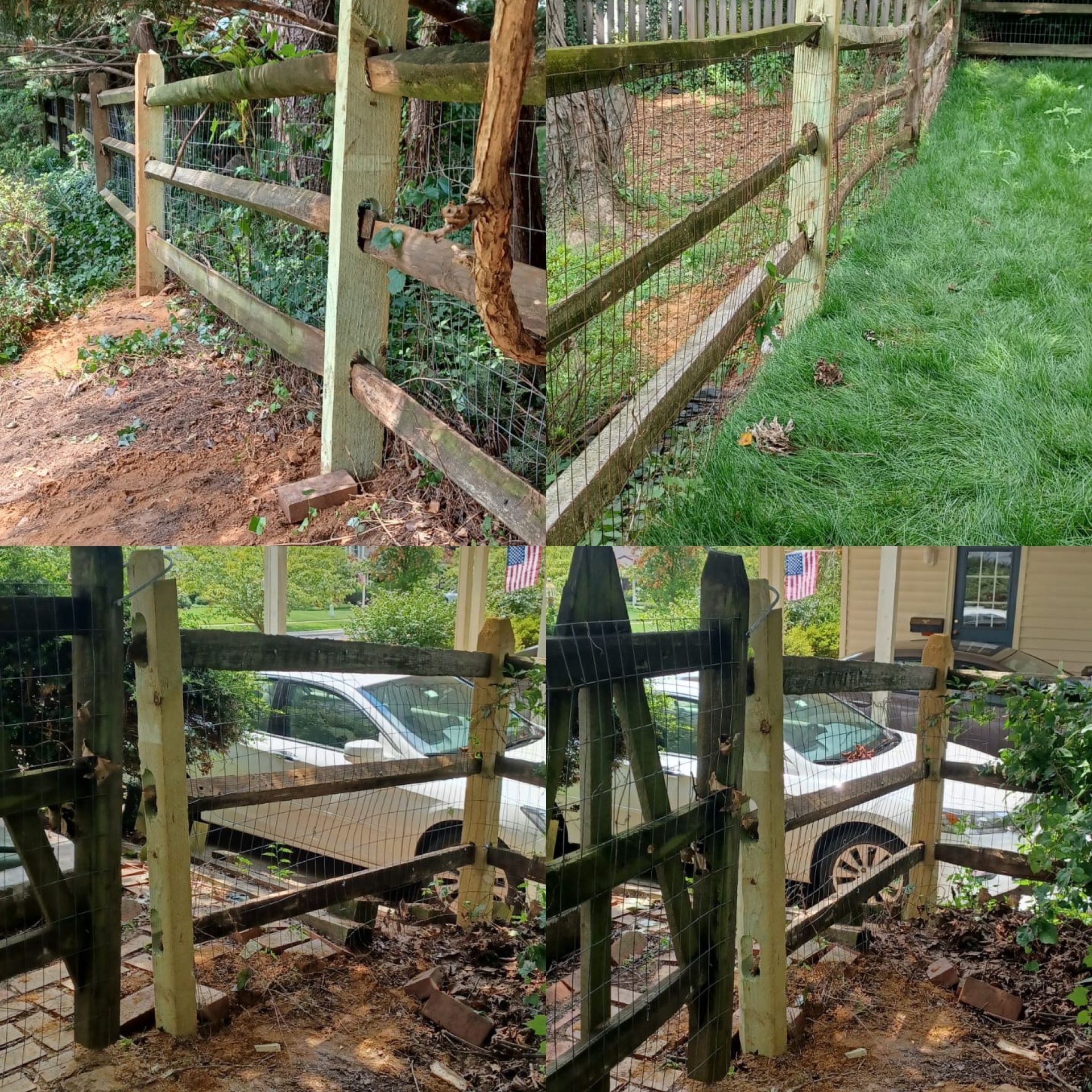 A before and after photo of a wooden fence in a yard.