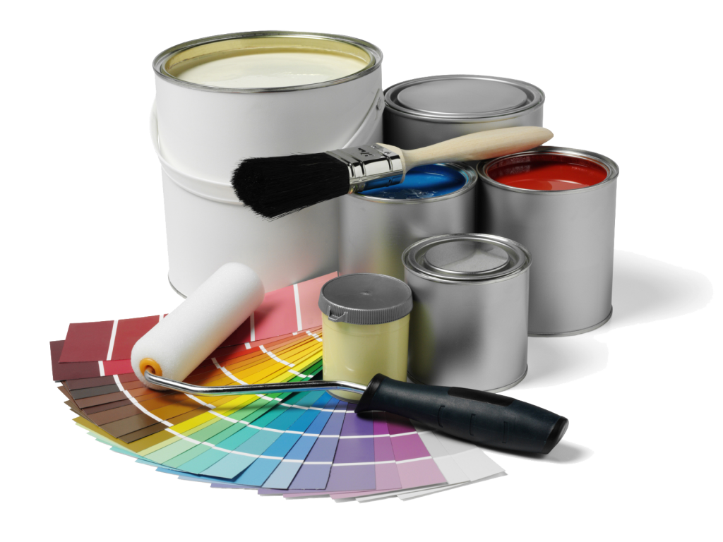 A bunch of paint cans with a brush and a roller