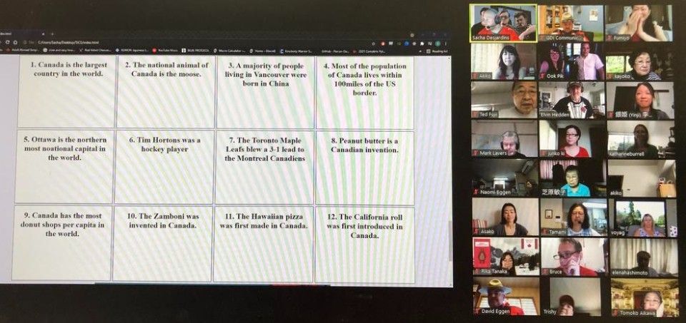 A screen showing a Zoom call with multiple participants and a trivia game.