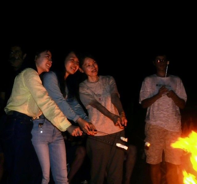 People roasting marshmallows over a campfire at night.
