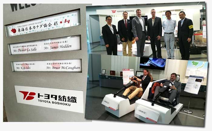 Composite photo: Sign at Toyota facility, group of men, people in driving simulators.