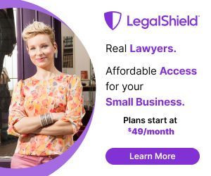 LegalShield ad with “Real Lawyers. Affordable Access” and purple “Learn More” button