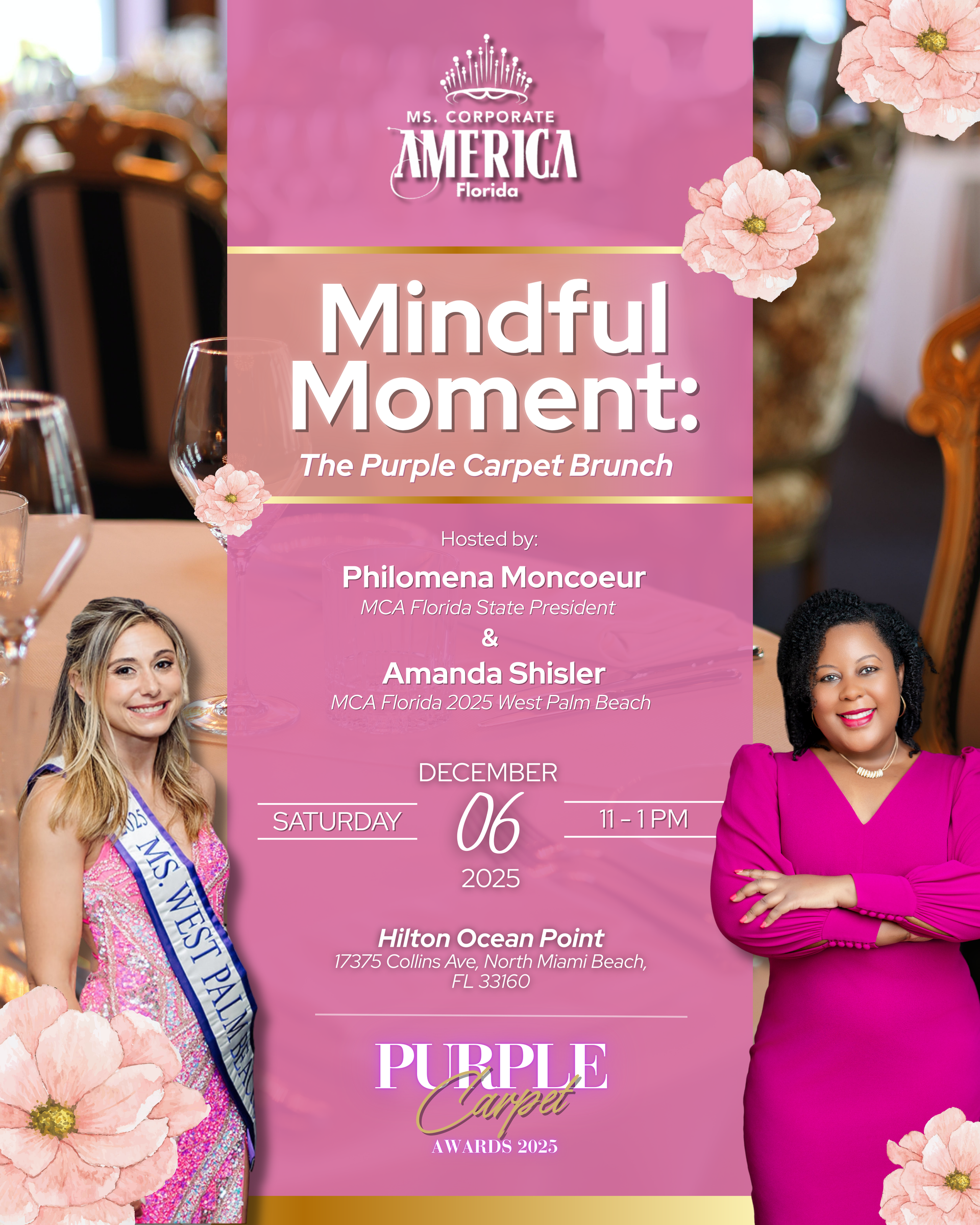 Pink event flyer for “Mindful Moment: The Purple Carpet Brunch” with Philomena Moncoeur and Amanda and floral accents