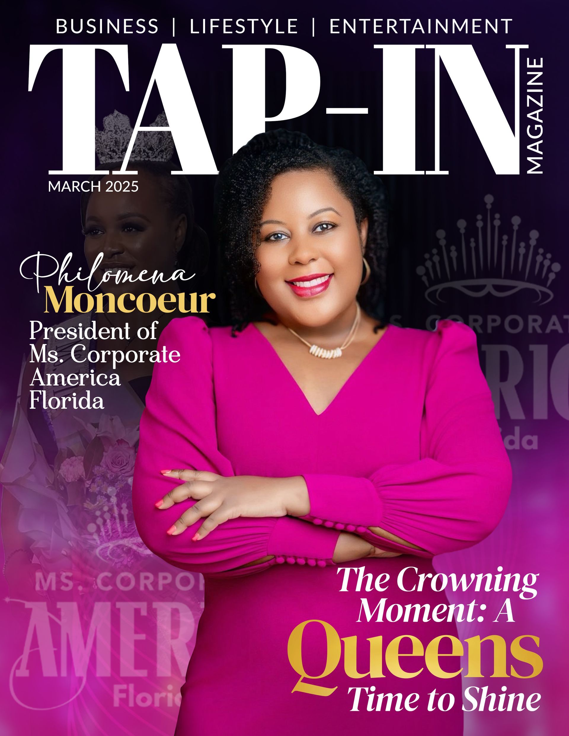 TAP-IN Magazine cover featuring Philomena Moncoeur, President of Ms. Corporate America Florida, in a magenta dress.