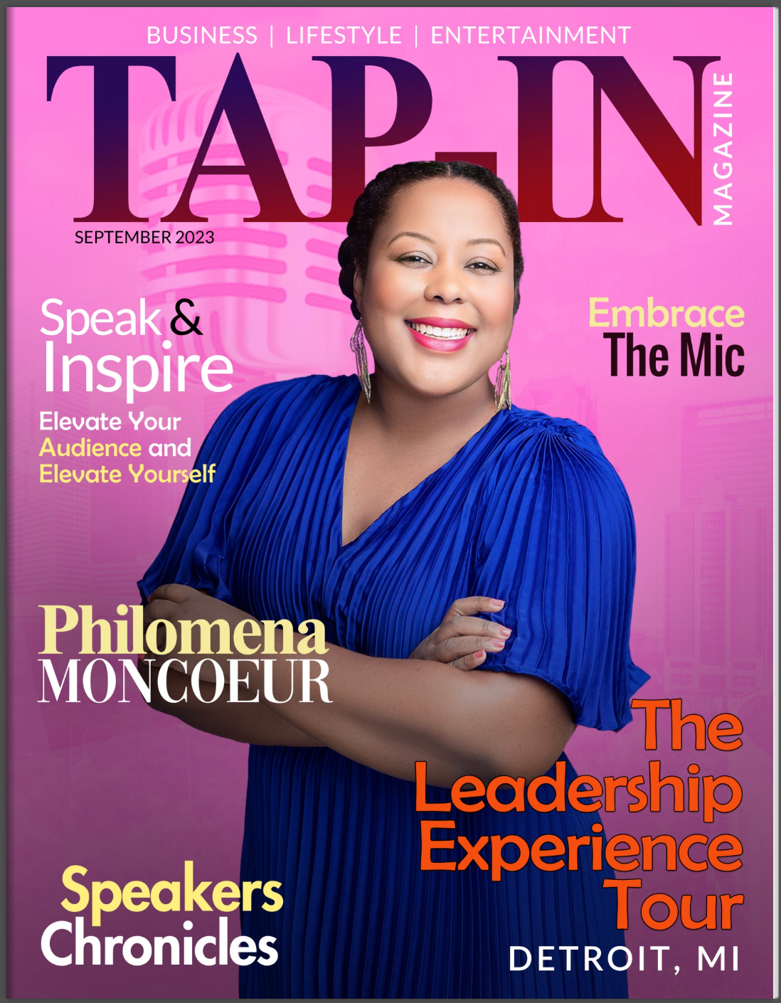 Philomena is on the cover of a tap in magazine in Pink