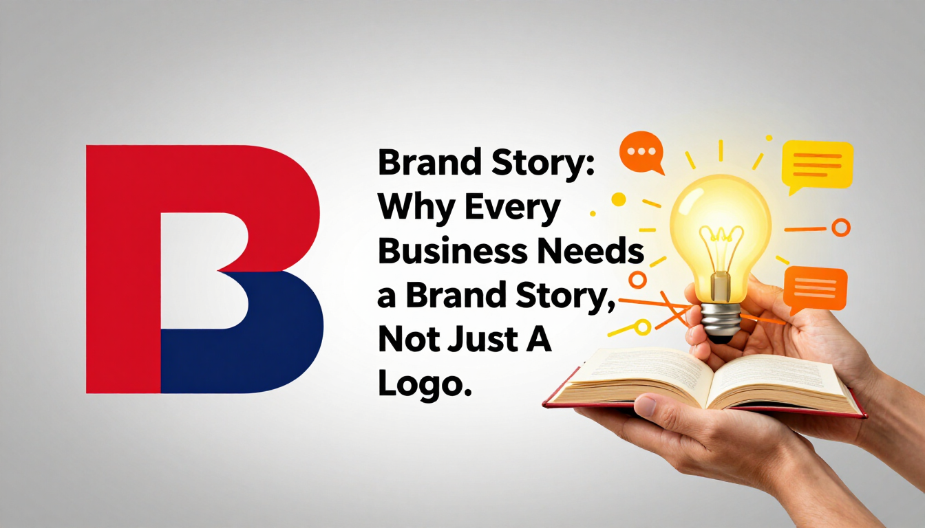 Brand story graphic: red-blue B logo, text, and hand holding an open book with a glowing lightbulb.
