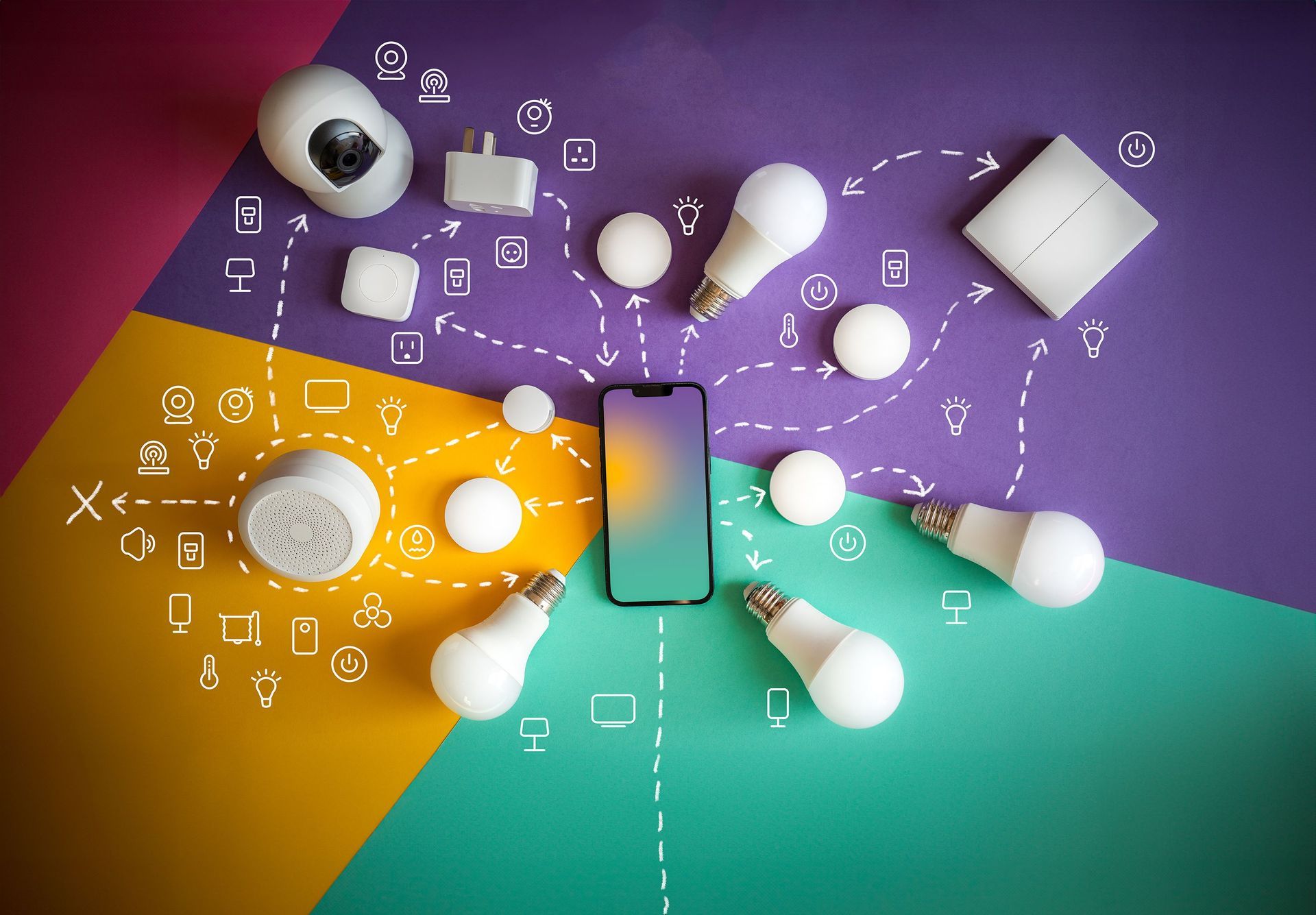 Smartphone surrounded by connected white devices on a purple, yellow, and teal background