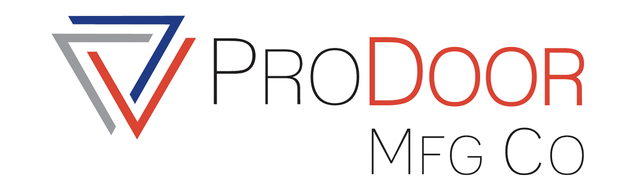 Company logo for ProDoor MFG Co, featuring a triangular icon with blue, gray, and red lines next to the text.