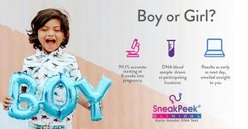 Baby holding blue balloons spelling “BOY,” with “Boy or Girl?” gender reveal text and icons on a pink background