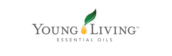 Young Living Essential Oils logo with gray text and a green leaf icon over a gold droplet