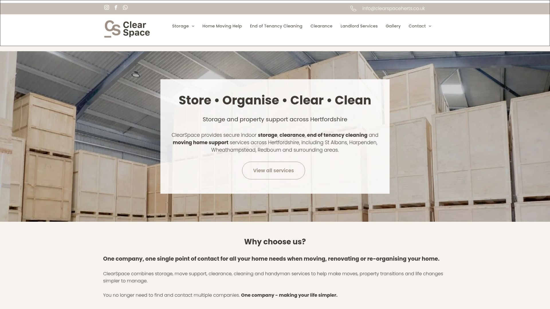 ClearSpace Home Solutions website offering storage, organisation and moving support services