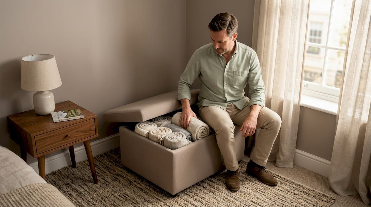 Storage ottoman providing hidden storage in a small living space