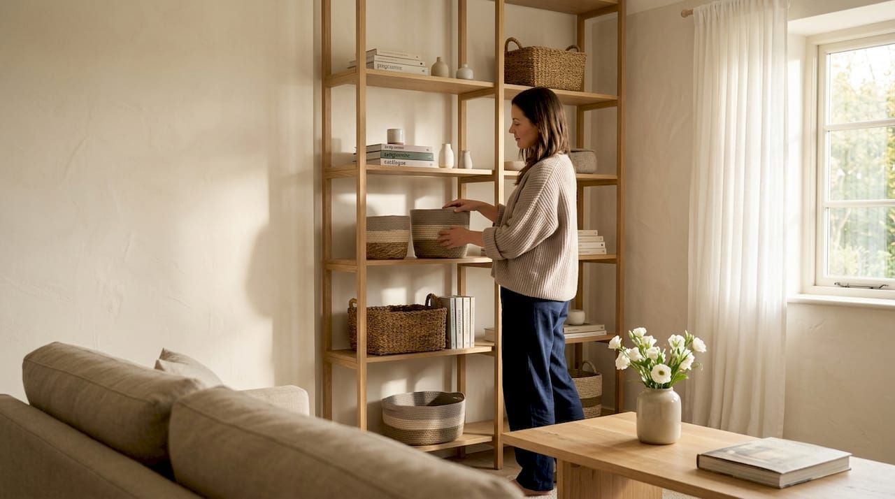 Home organisation using vertical shelving to create additional storage space