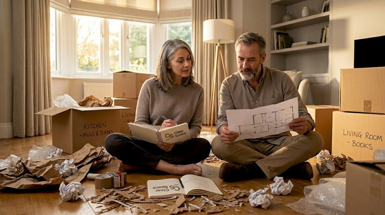 Couple planning a house move and organising packed belongings