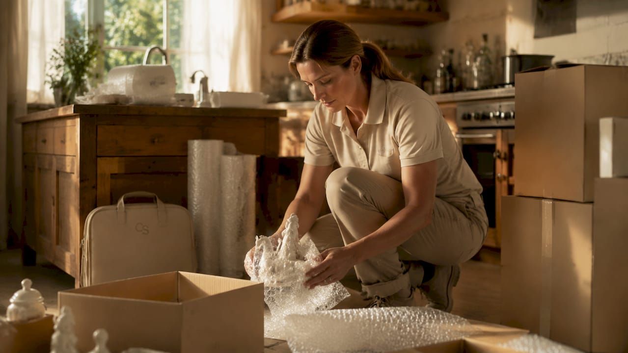 Professional packing service wrapping fragile household items for safe transport
