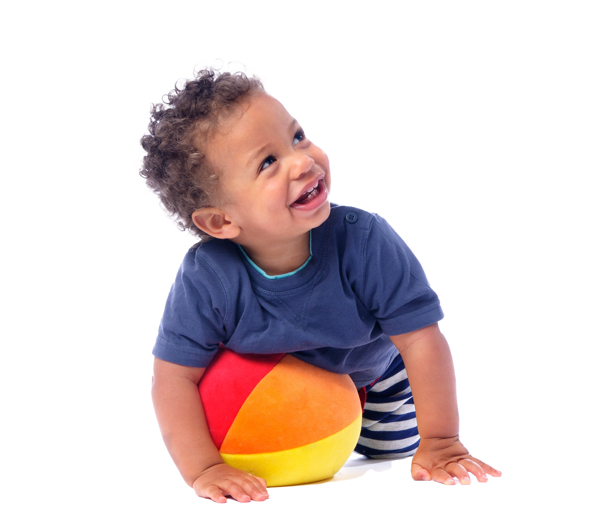 Smiling toddler on hands and knees with colorful ball, looking upwards.