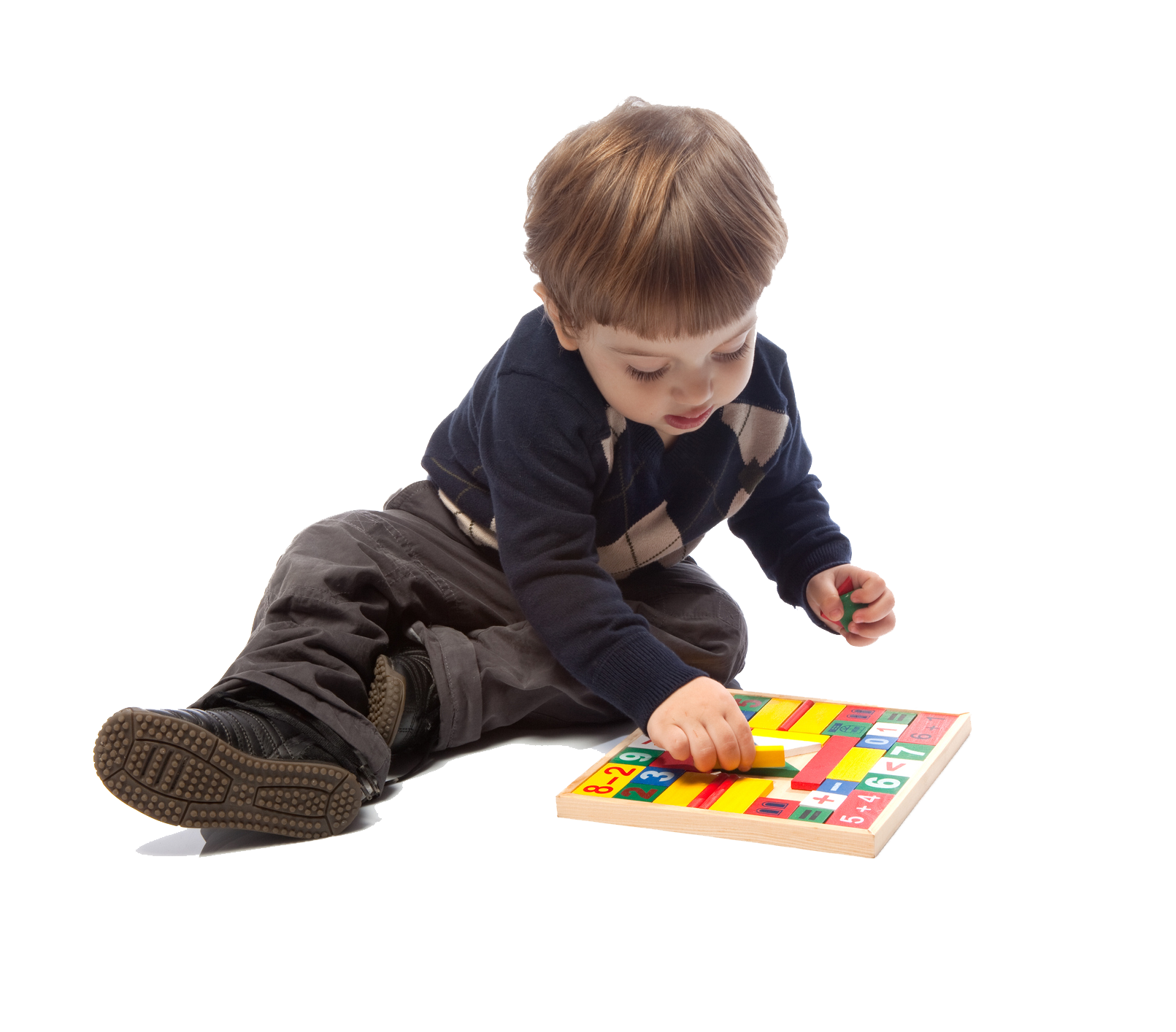 Young child playing with colorful wooden block puzzle.