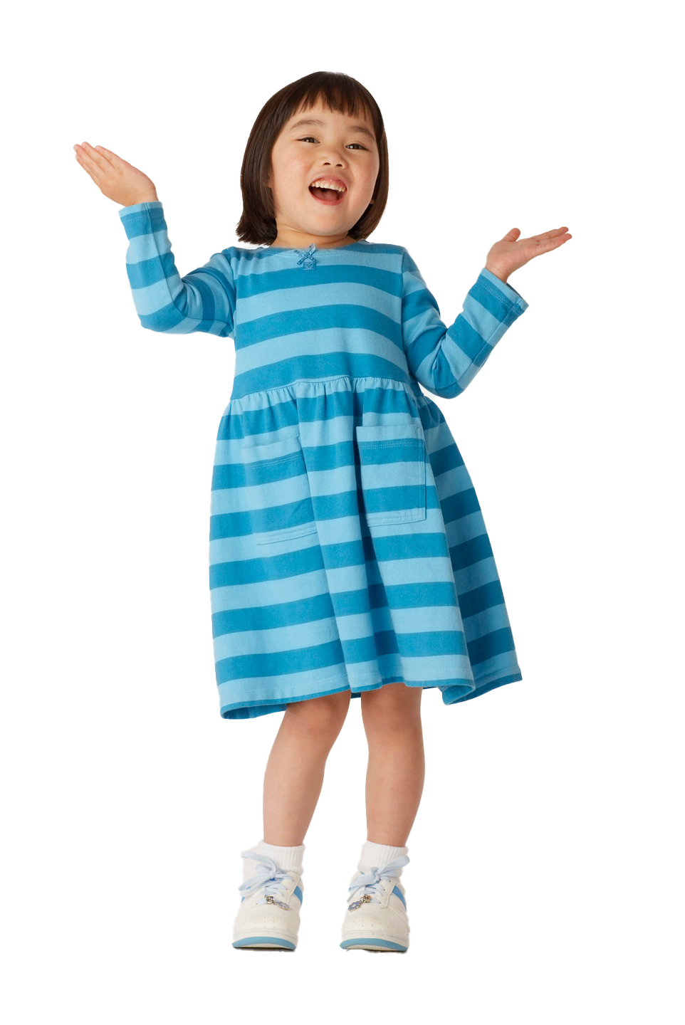 Girl in blue striped dress with arms raised and mouth open.