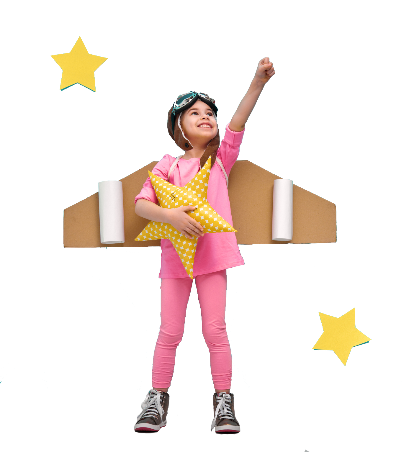 Girl in pink outfit and jetpack costume holds star, arm raised.