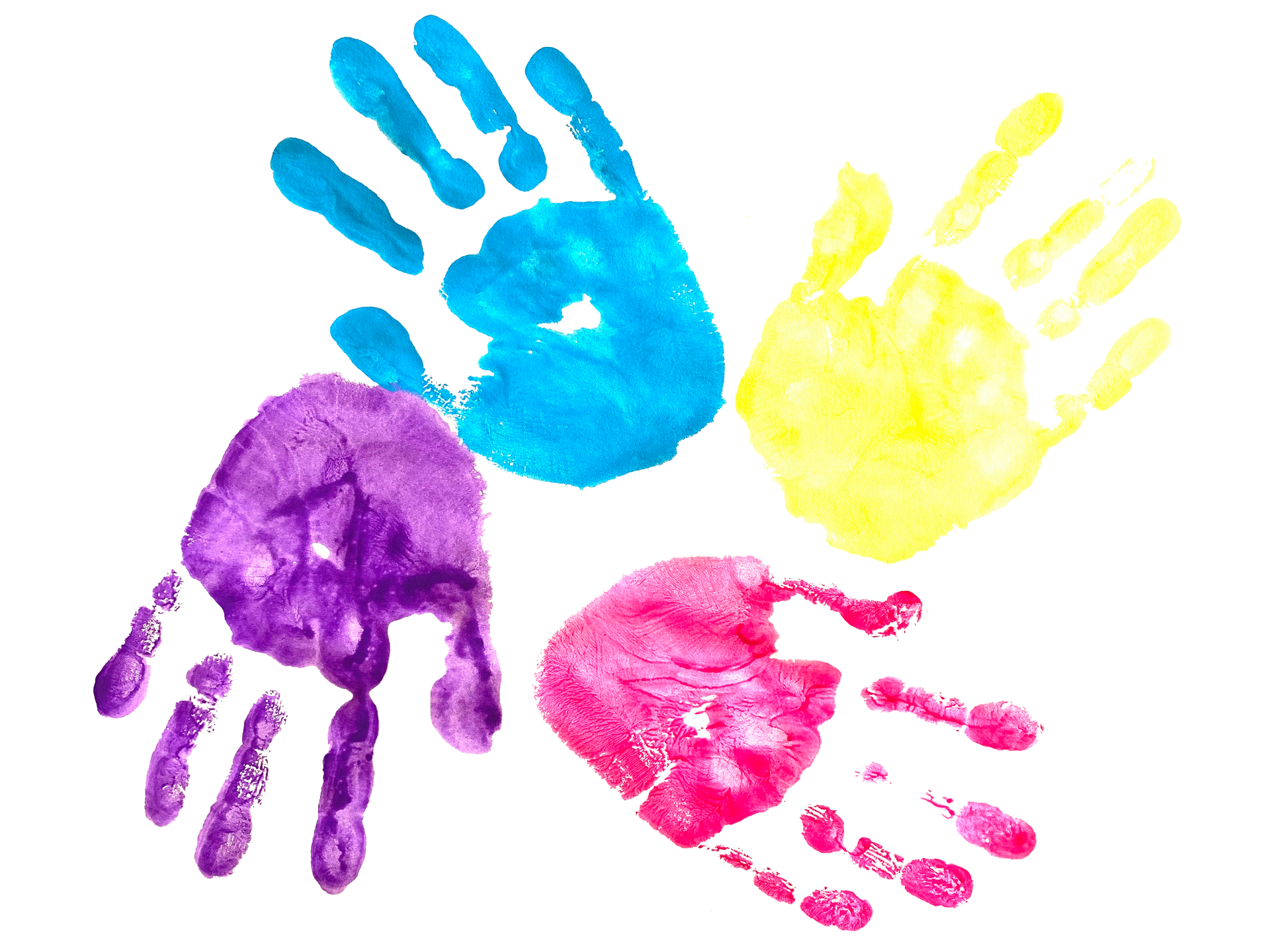 Four colorful handprints in blue, yellow, purple, and pink.