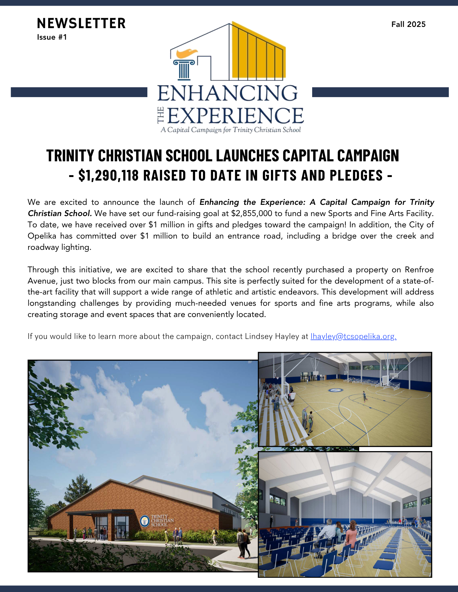 Newsletter cover for Enhancing Experience on Trinity Christian School capital campaign and new campus renderings