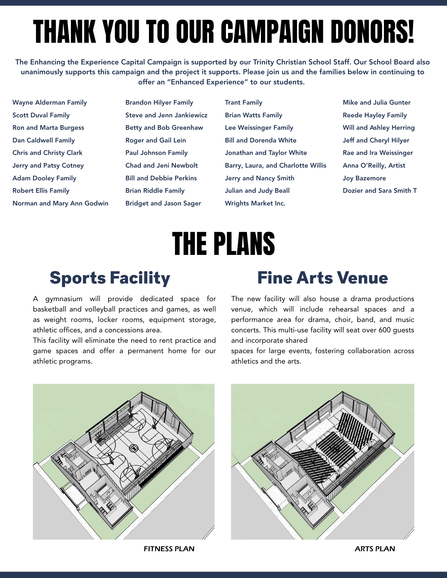 Campaign donor thank-you flyer with sports facility and fine arts venue design renderings at the bottom