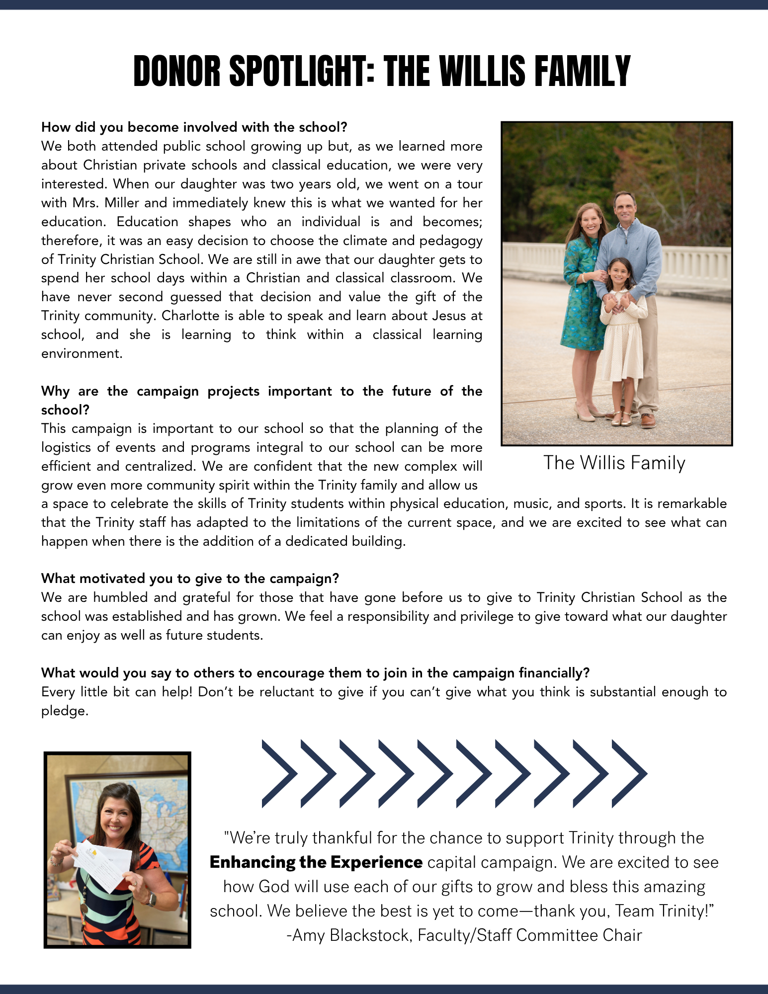 Flyer titled “Donor Spotlight: The Willis Family” with family photo and fundraiser text.