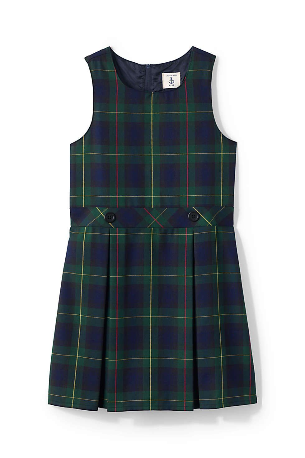 Navy and green plaid sleeveless dress with a fitted waist and pleated skirt on white background