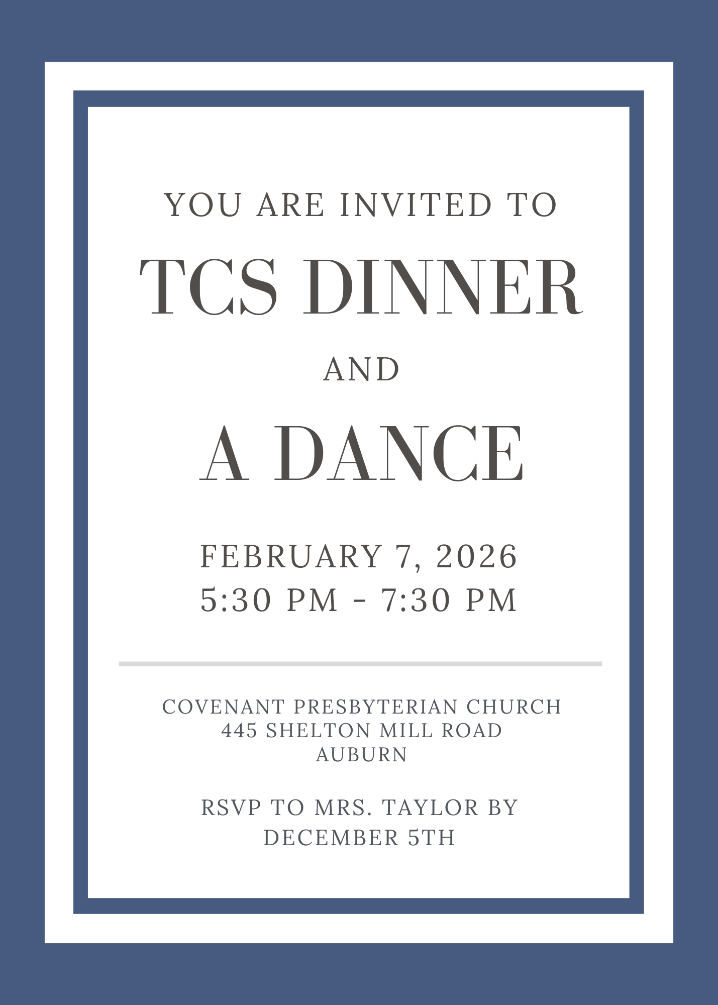 Blue and white TCS Dinner and Dance invitation with date, time, church venue, and RSVP details