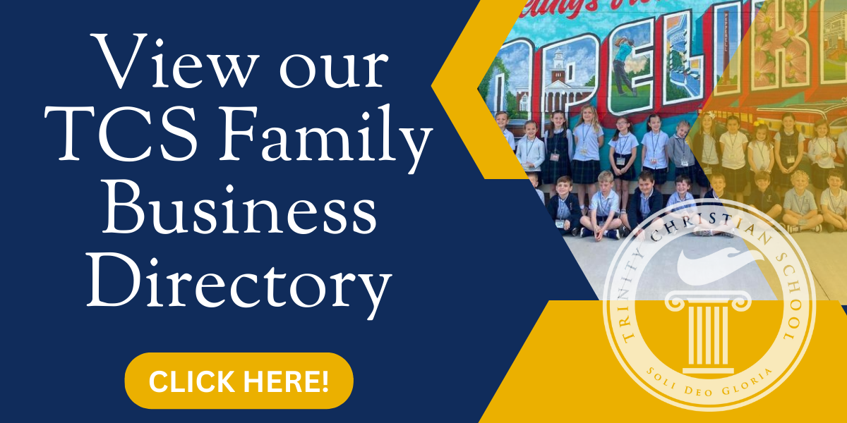 Blue and gold banner for TCS Family Business Directory with “Click Here!” button and student photo