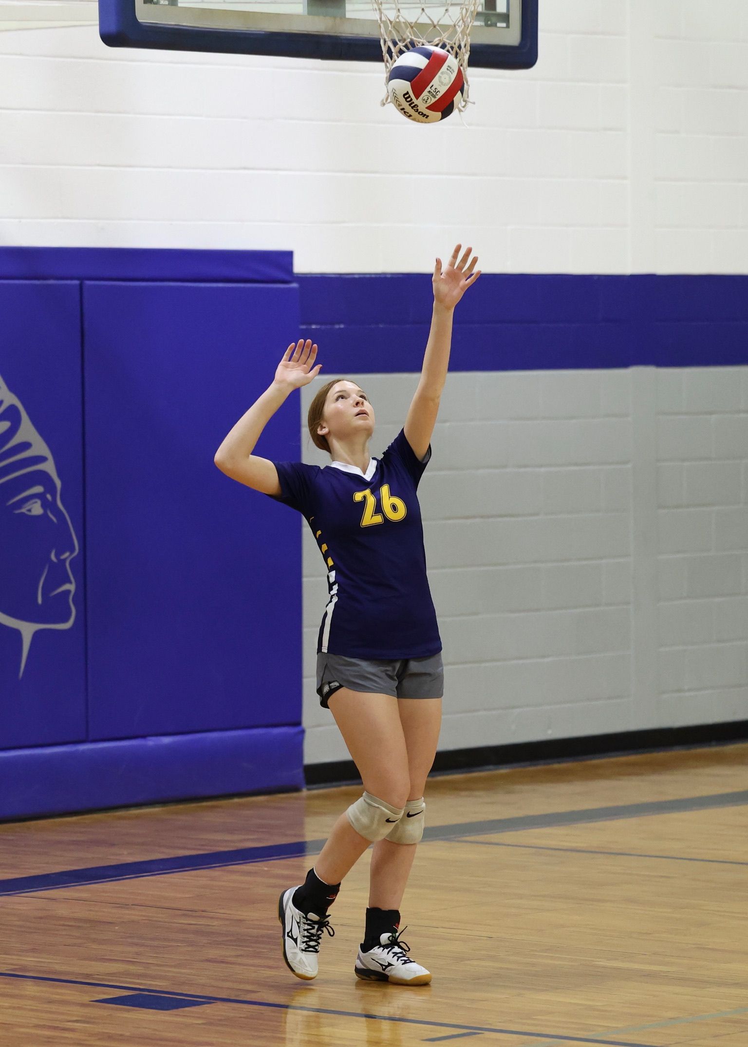 Volleyball player in navy jersey prepares to set the ball in a gym
