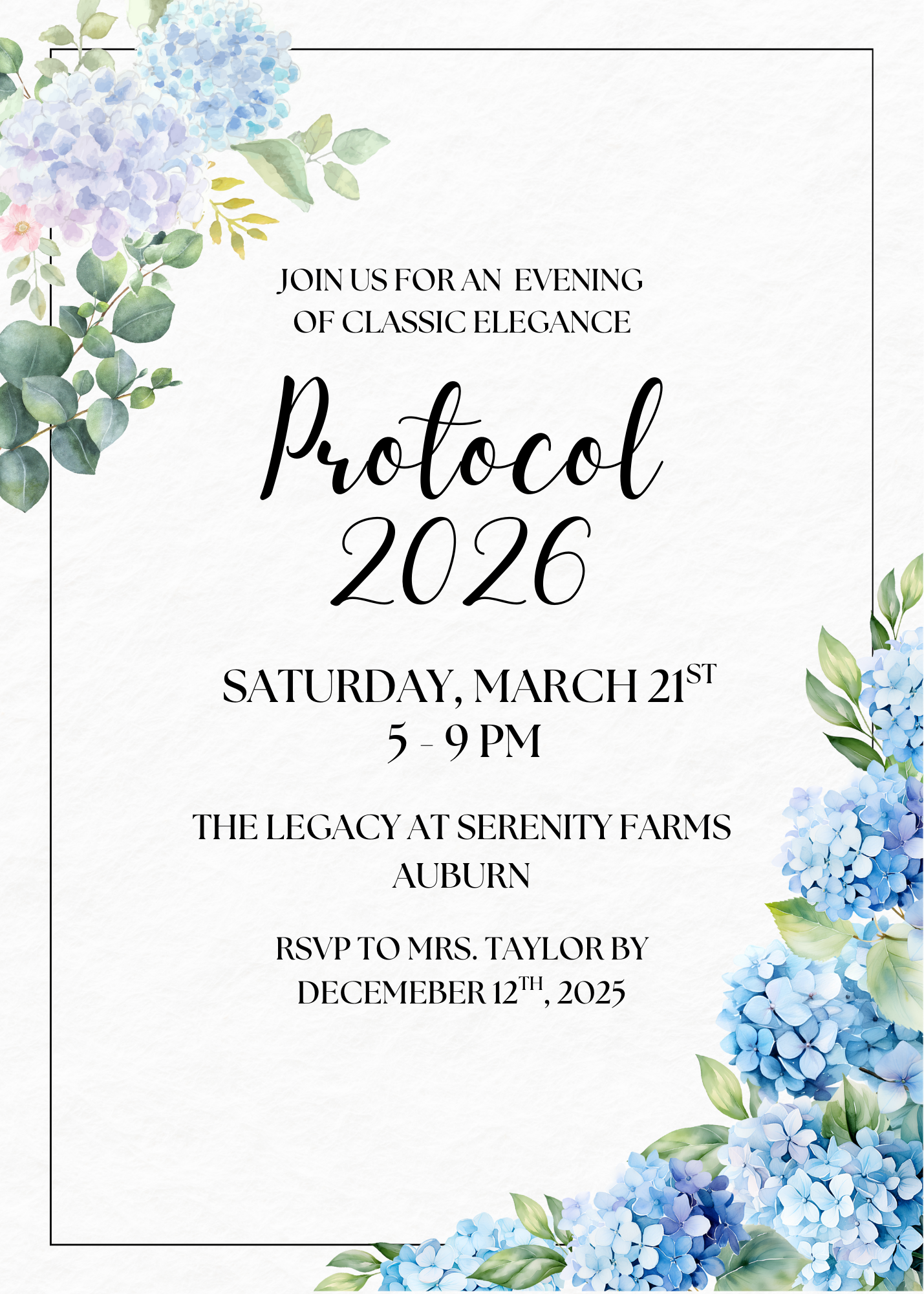 Wedding invitation for Protocol 2026, with blue floral corners and black script text on white background