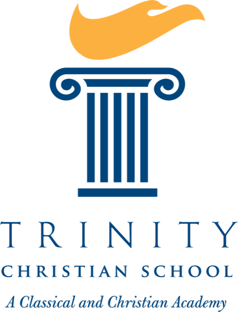Trinity Christian School logo with blue column and orange flame above text