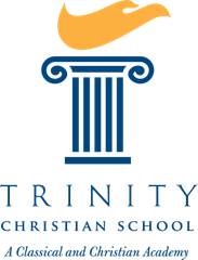 Trinity Christian School logo with blue column and orange flame above text