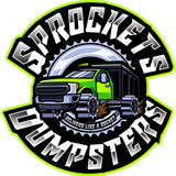 The logo for sprockets dumpsters shows a green dump truck.