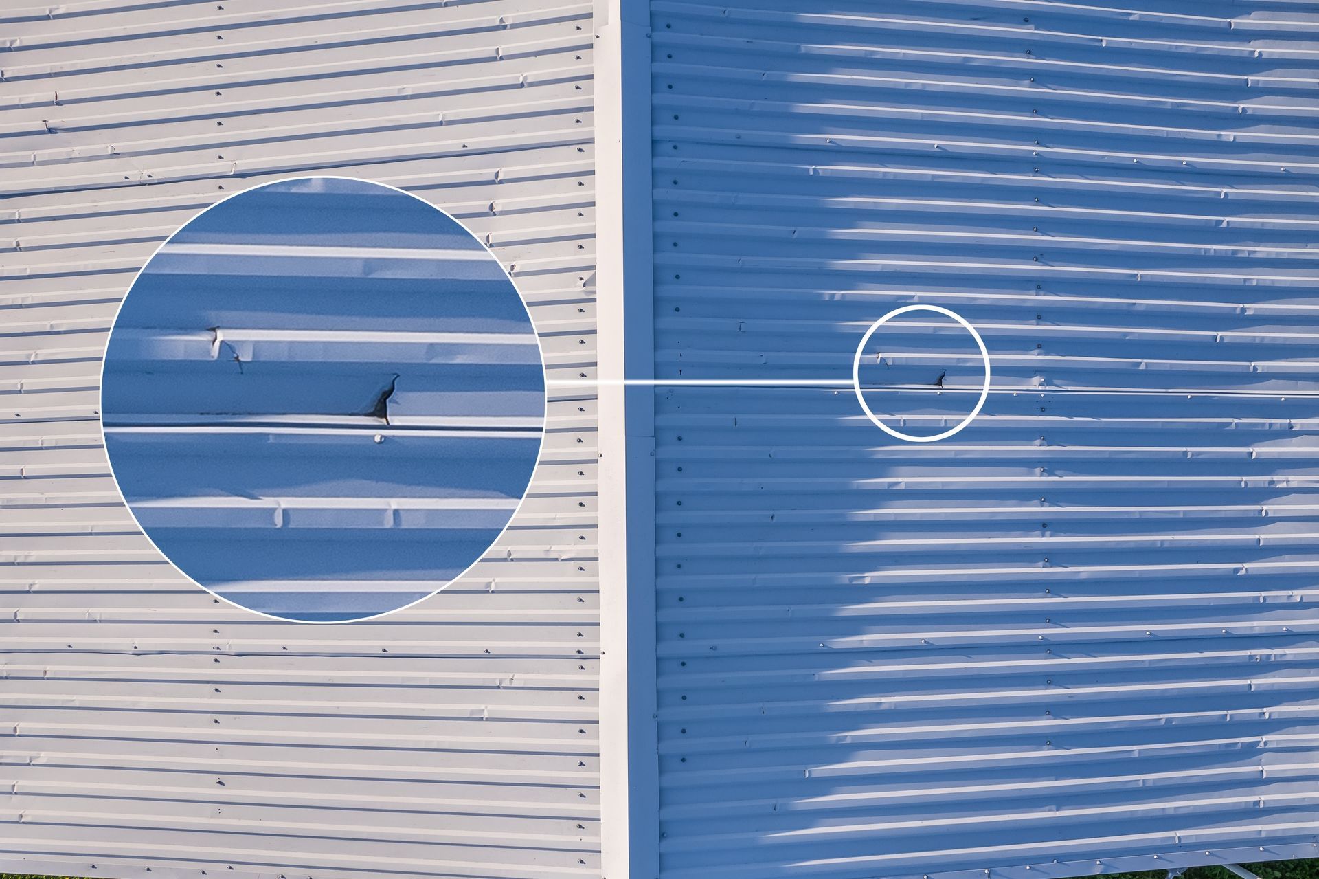 Close-up callout showing a puncture in a white corrugated metal commercial roof needing repair