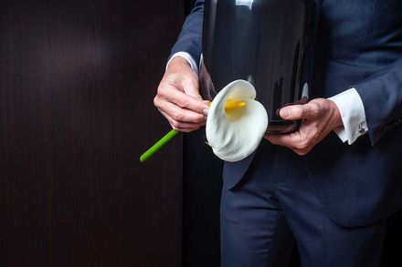 A person in a dark suit holds a black funeral urn and a single white calla lily against a dark background.