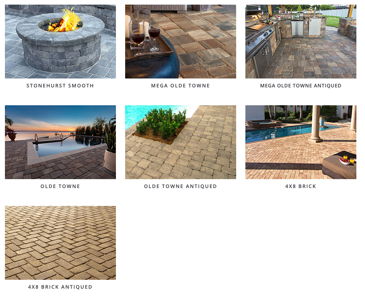 A collage of pictures of a patio with a fire pit and a pool.