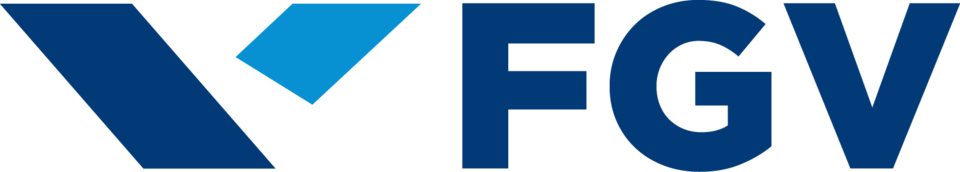 Logotipo da FGV em azul escuro com um elemento azul claro à esquerda.