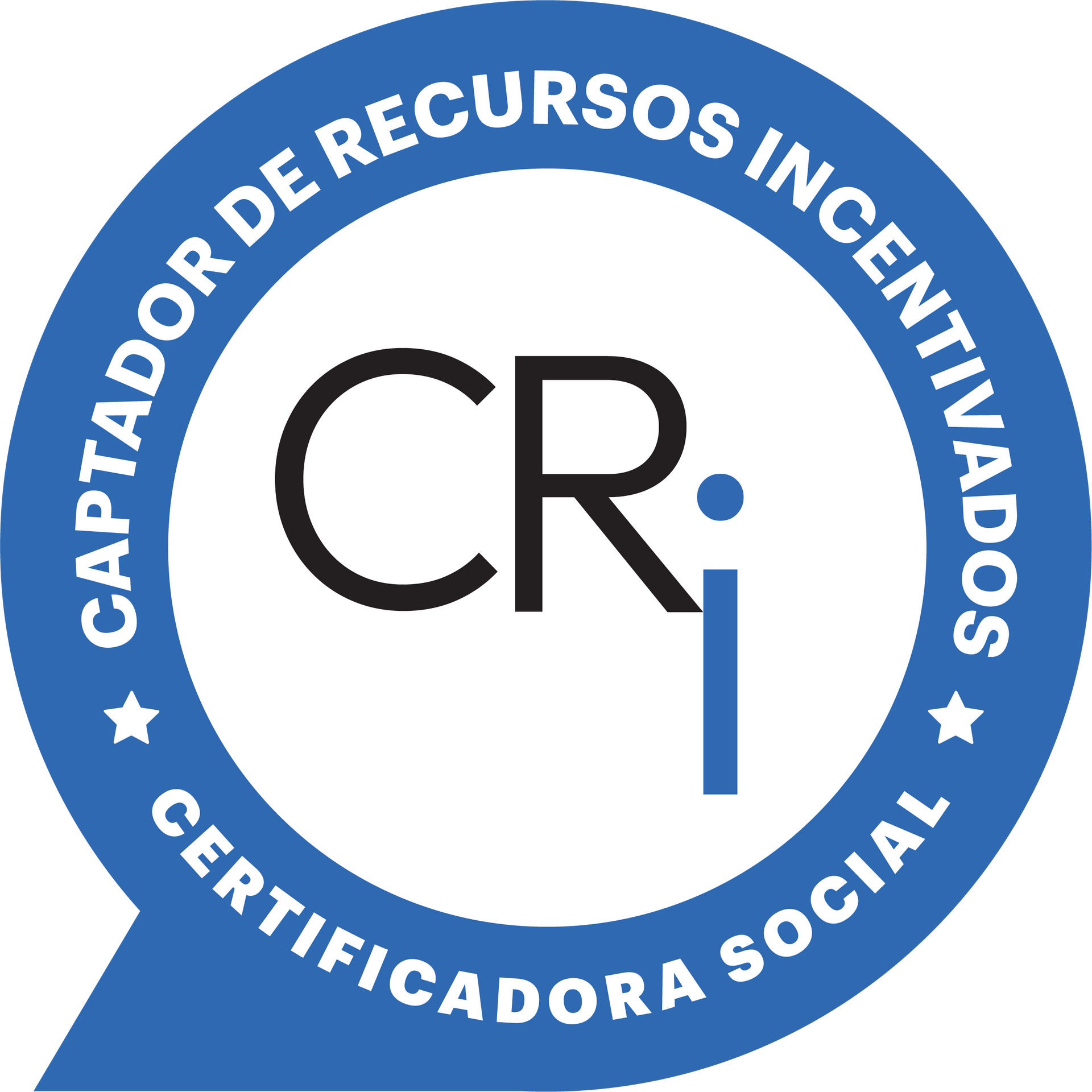 Blue and white circular badge. The badge reads 