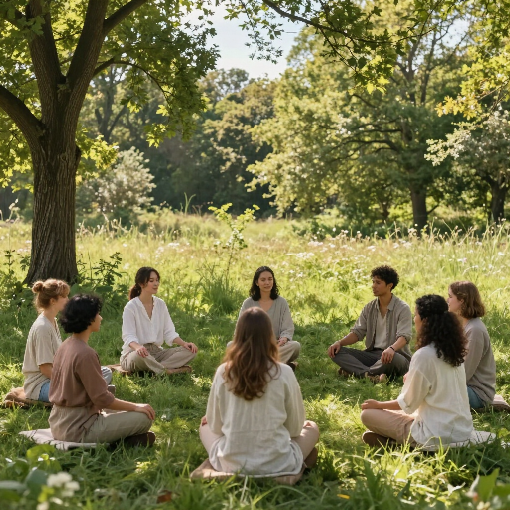 Een groep mensen zit in een kring op het gras in een zonnig park en mediteert tussen de bomen en het hoge gras.
