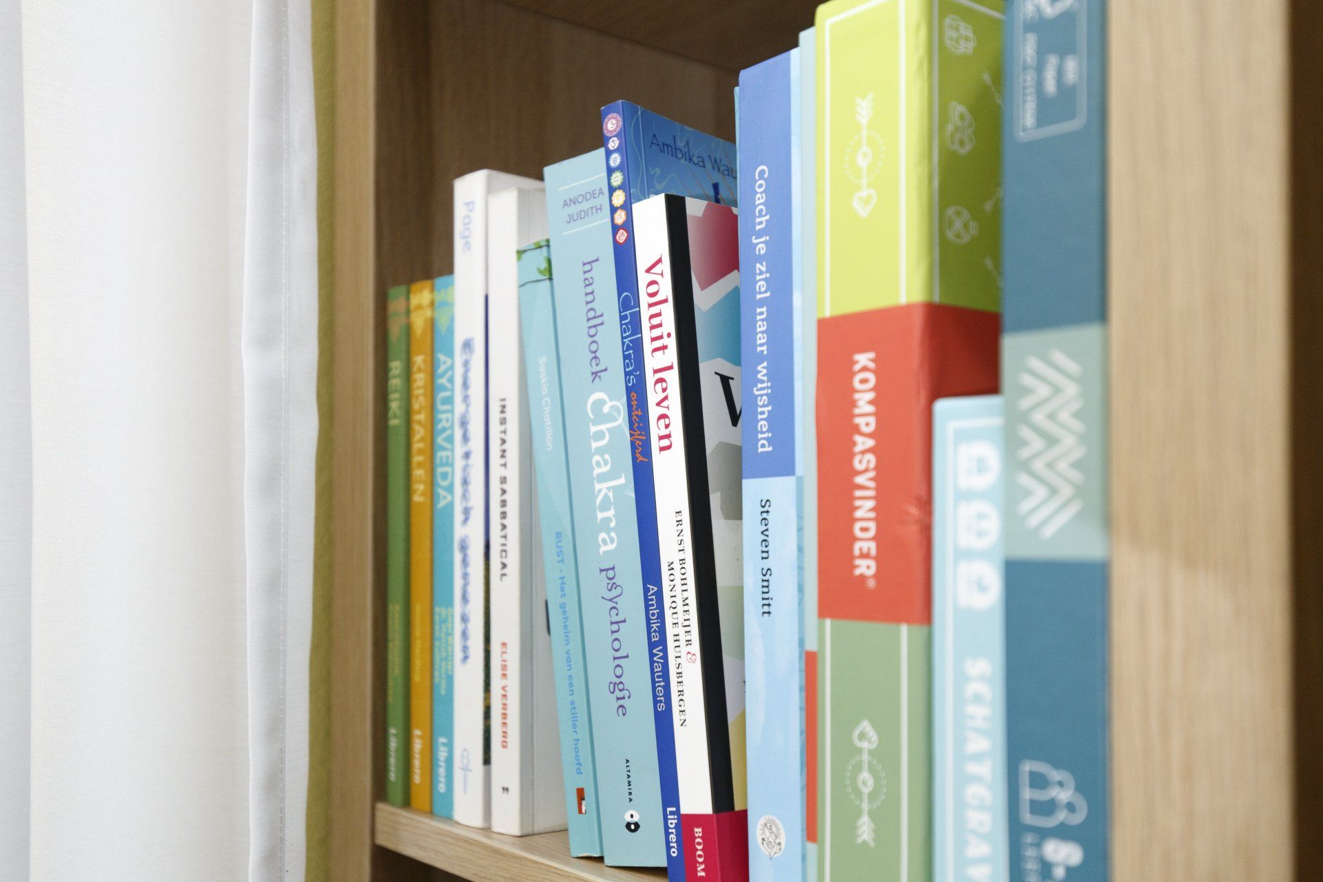 Boeken in verschillende kleuren en maten op een plank naast een raam.
