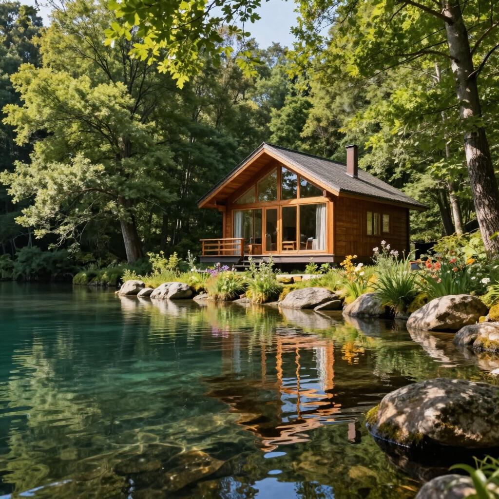 Een houten hut aan een heldergroen meer, omgeven door bomen met rotsen langs de oever en weerspiegelingen in het water.