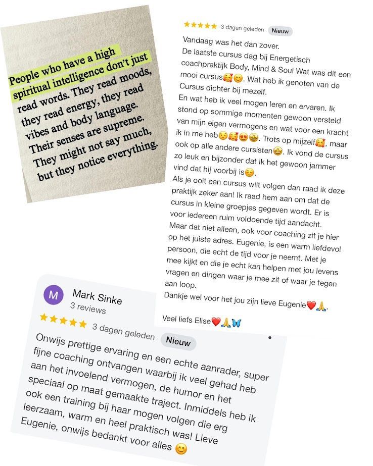 Een collage met tekst en recensies, inclusief een uitgelicht citaat over mensen met een hoge spirituele intelligentie.