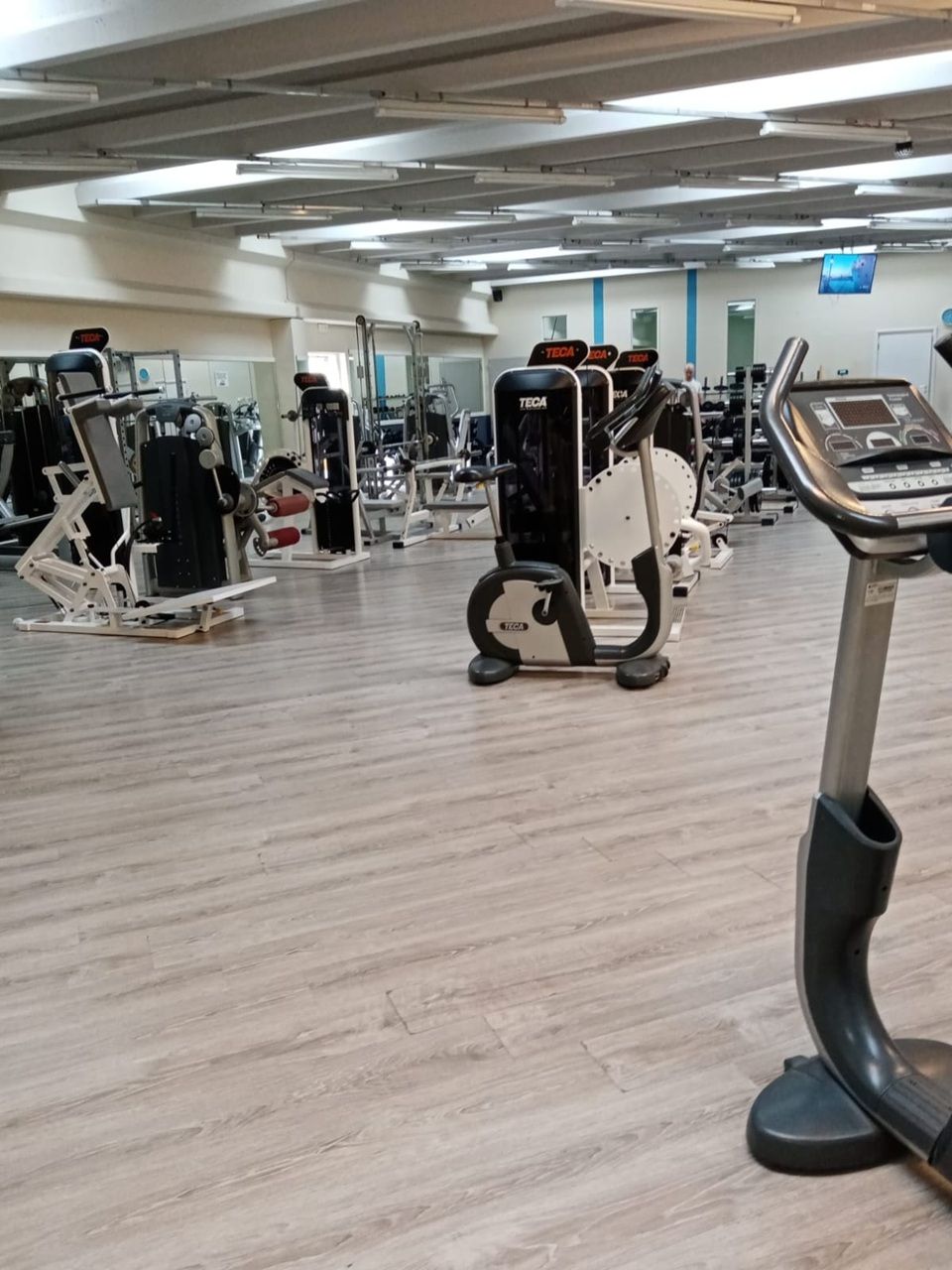 Palestra con file di macchine per esercizi e tapis roulant su un pavimento in legno chiaro.