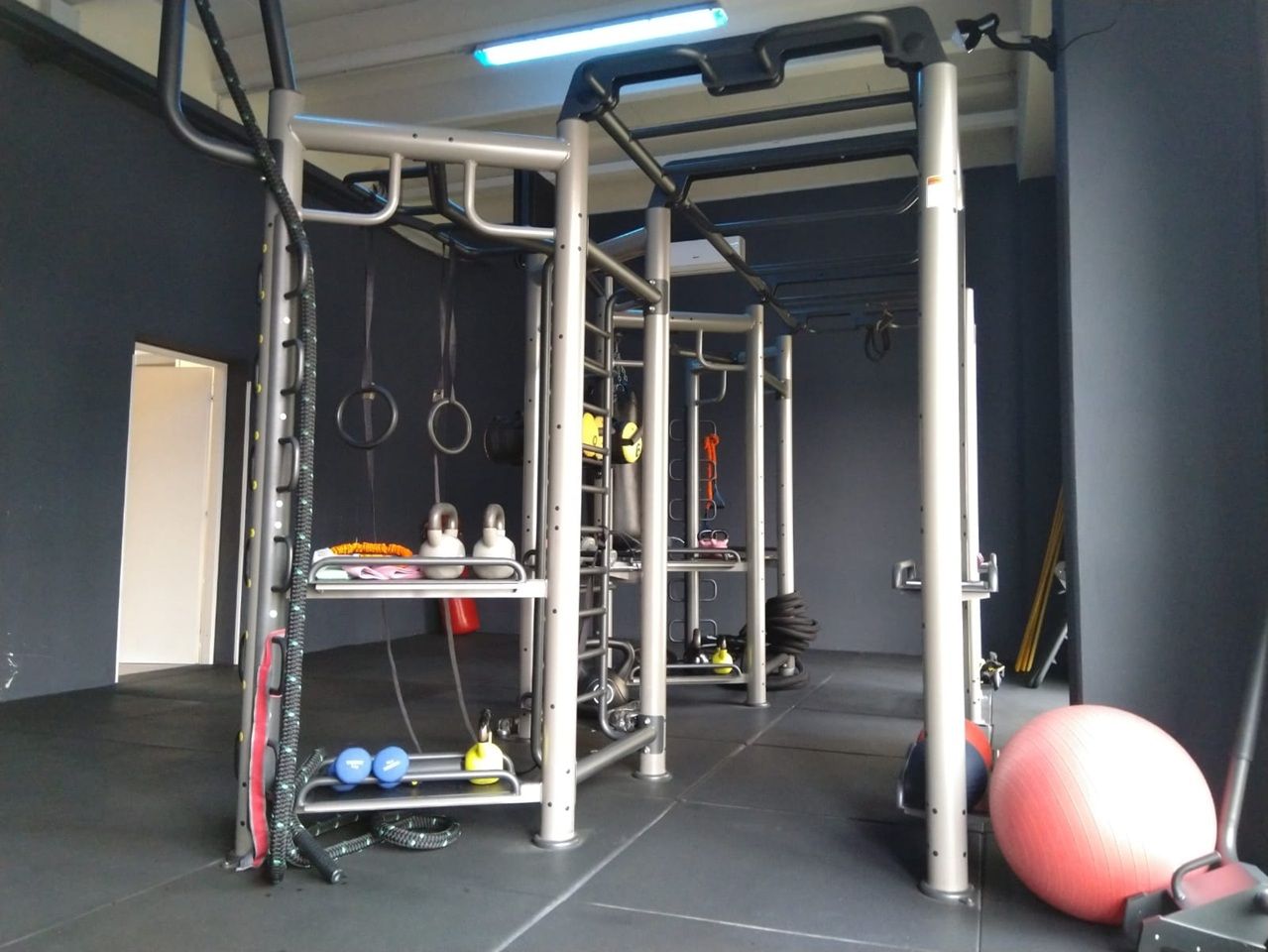 Piccola palestra al coperto con attrezzi per esercizi, anelli, scaffali e una palla da stabilità rosa.