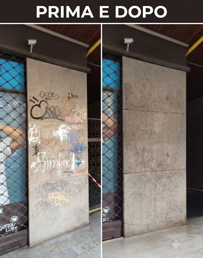 Immagine prima e dopo di un muro ricoperto di graffiti, ripulito fino a riportarlo a una superficie di cemento liscia.