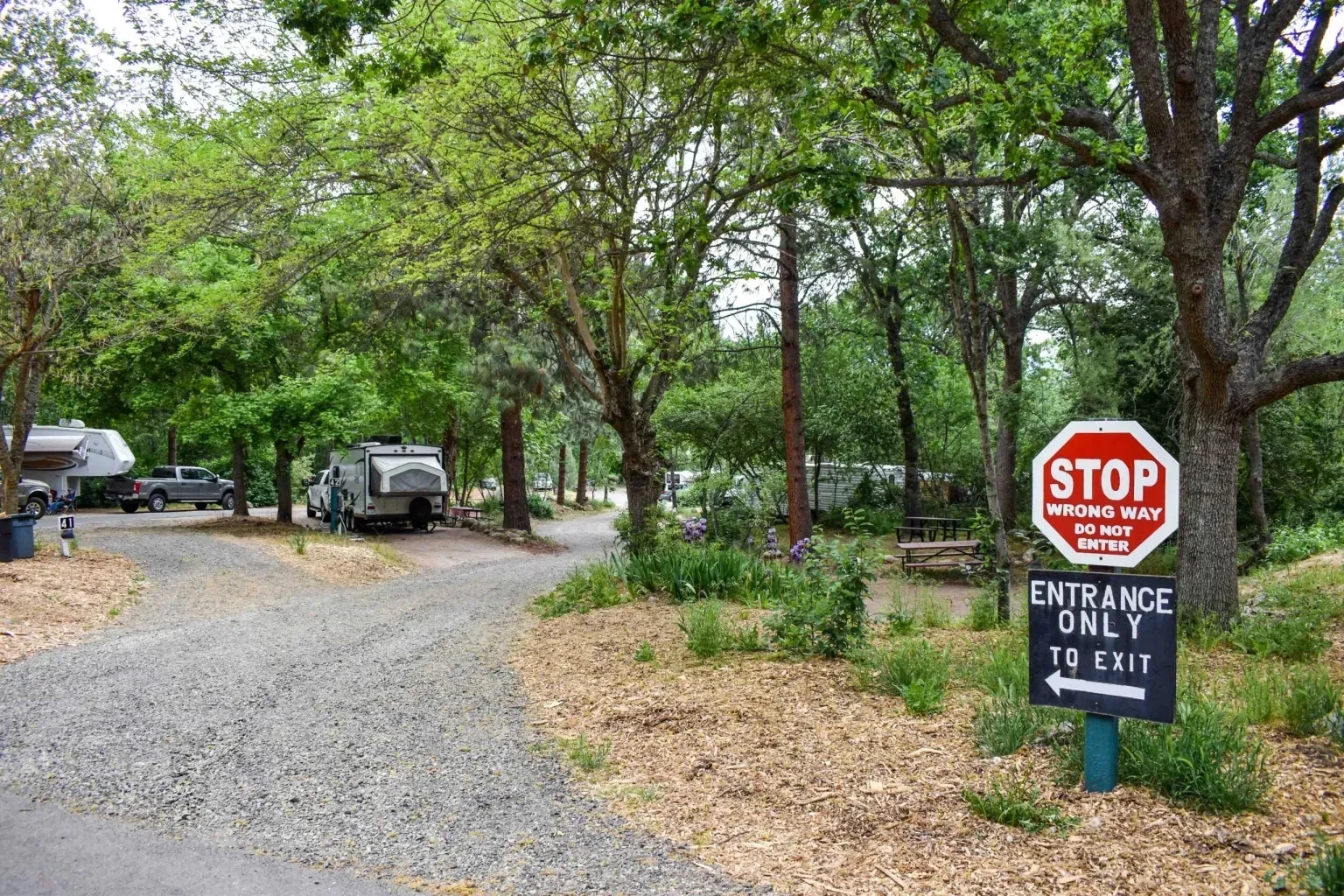 Wooded campground entrance with gravel road, parked vehicles, and a stop sign reading “Entrance to RV Park.”
